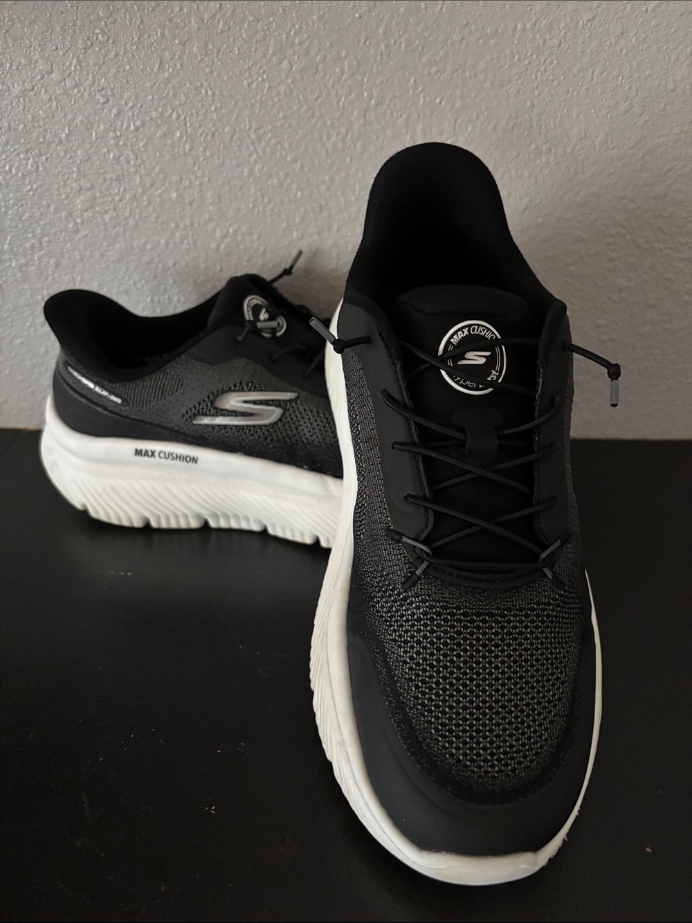 Skechers Black and White Max Cushion Athletic Shoes